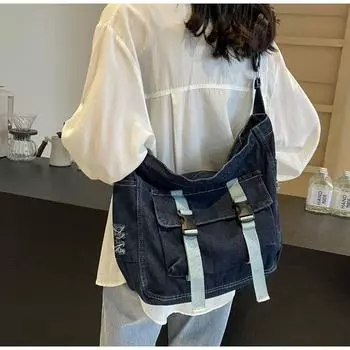 Холщовая сумка большой вместимости Ins, модная японская минималистичная сумка через плечо, корейская сумка почтальона, студенческая джинсовая сумка на плечо