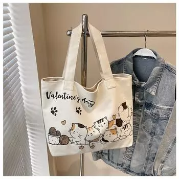 Large Capacity Cartoon Canvas Bag Girls Student Wear Book Commuter Tote Bag Casual Simple Lightweight Shoulder Cloth Bag коричневый