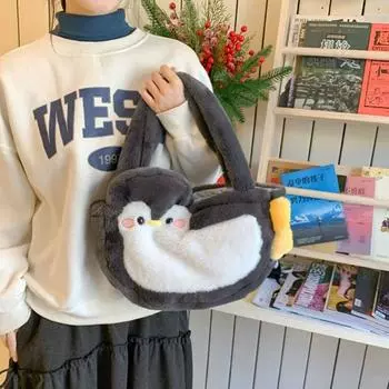 Large Capacity Cartoon Shoulder Bag Preppy Style Tote Bag Portable Chubby Penguin Plush Bag Girls серый