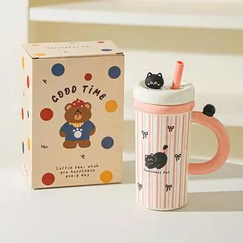 Large Capacity Cartoon Straw Cup with Lid Cute Mug High value Kitten Animal Ceramic Cup Set Gift 601-700ml