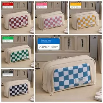 Large Capacity Checkerboard Pattern Pen Bag Waterproof Lattice Pencil Bag School Supplies зелёный