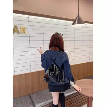 Large-capacity commuter soft leather backpack women s autumn and winter new trendy fashion shoulder tote bag student class bag чёрный