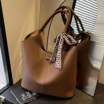 Вместительная сумка-ведро под мышкой для, модная и простая, повседневная, с шелковым шарфом, портативная сумка-тоут для мамы и ребенка коричневый