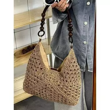 Large Capacity Cut Out Woven Bag Female 2025 New Arrival Summer Shoulder Bag Seaside Vacation Beach Travel Straw Bag Khaki
