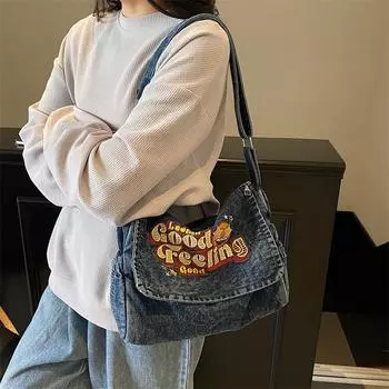 Большая вместительная джинсовая сумка для студентов, сумка через плечо с вышитыми буквами, женская сумка для поездок на работу джинсовый синий