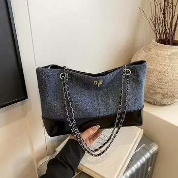 Large capacity denim bag women s new autumn contrasting color versatile shoulder bag commuter tote bag