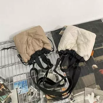 Large Capacity Drawstring Bucket Bag Grid Pattern Down Bag Simple Nylon Shoulder Bag Travel чёрный