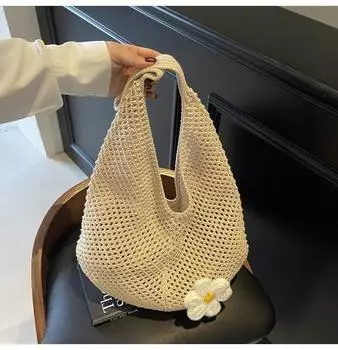 Large capacity flower cotton thread hollow tote bag women s new seaside vacation beach woven shoulder bag