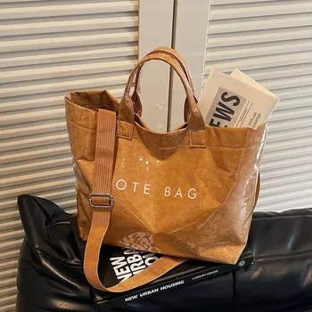 Large Capacity Kraft Jelly Bag 2025 New Transparent Waterproof Handbag Work Commute Shoulder Tote Bag Brown