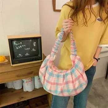 Large Capacity Lattice Tote Bag Sweet Women Chic Underarm Bag Cute Pleated Dumpling Bag Shopping Style3