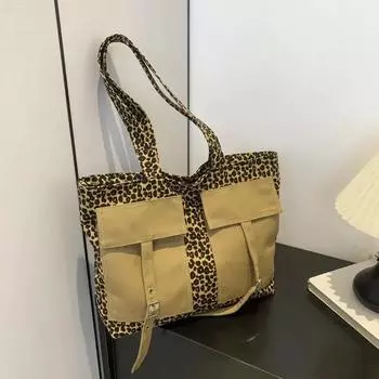 Вместительные сумки через плечо в стиле леопард для поездок на работу, тканевые, с сочетанием цветов, повседневные новые сумки-тоут для женщин на осень и зиму