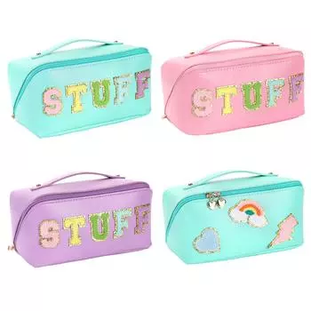 Large Capacity Makeup Bag Letter Patches Women Cosmetic Bag Fashion Travel Portable Toiletries Organizer Female Storage Makeup синий