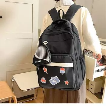 Рюкзак для ученика средней школы большой вместимости, женский рюкзак с принтом, кампусный рюкзак с кошельком для монет чёрный