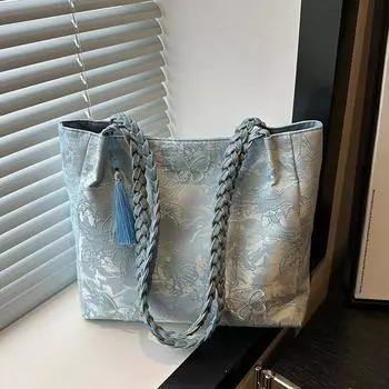 Large Capacity National Style Commuter Bag Women s 2025 New Arrival Fashion Shoulder Tote Bag Women s Western Style All-Matching Handbag Blue + upgraded National style tassel pendant