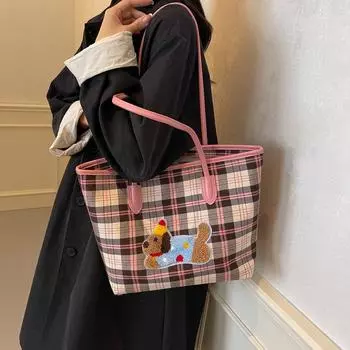 Large capacity plaid tote bag women s 2024 new fashion high sense commuter bag college student handbag чёрный