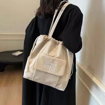 Large Capacity Pleated Drawstring Bag Women Letter Printed Tote Bag Student Shoulder Bag бежевый