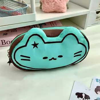 Large Capacity Plush Pencil Case Cat Print Pen Organizer Bag Pen Storage Bag Children