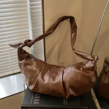 Вместительная ретро-сумка-пельмень из мягкой кожи с плиссировкой, в ленивом повседневном стиле, с рогом, на плечо, мессенджер коричневый