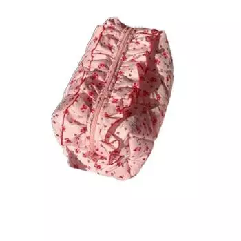 Large Capacity Ruffle Makeup Bag with Zipper Wash Storage Bag Sweet Toiletry Organizer Outdoor Red Flower
