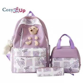 Вместительный школьный рюкзак для женщин с милым медведем, ланч-бокс, 5 предметов, дорожный рюкзак 44x30x14cm розовый