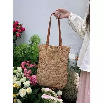 Large Capacity Shoulder Cotton Woven Bag Women 2025 New Hollow Mesh Tote Bag Seaside Vacation Beach Bag Khaki