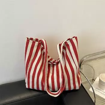 Large capacity simple striped canvas bag women s literary lazy spring and summer shopping bag tote bag shoulder bag красный