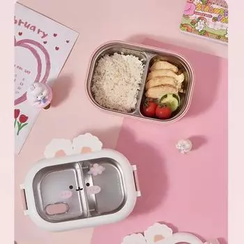 Large Capacity Stainless Steel Lunch Box for Kids Portable Sealed Rabbit Shaped Food Storage Containers Compartment Bento Boxes розовый