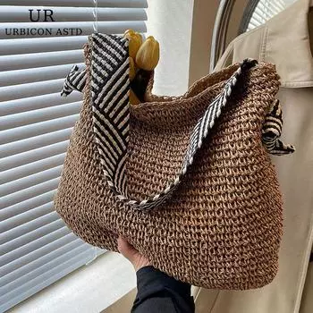 Large Capacity Straw Bag Women 2025 New Summer Seaside Shoulder Tote Bag High-Grade Light Luxury Style Woven Bag Khaki