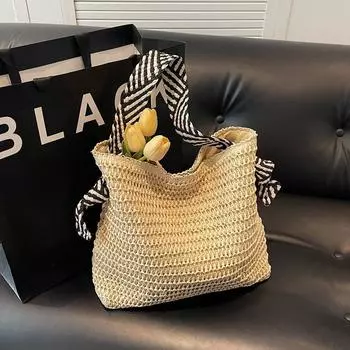 Large Capacity Straw Bag Women 2025 New Summer Seaside Beach Vacation Shoulder Bag Commuter Idle Style Tote Bag Beige White
