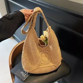 Large Capacity Straw Bag Women Summer 2025 New One-Shoulder Commuter Tote Bag Idle Style Vacation Beach Woven Bag Khaki splicing