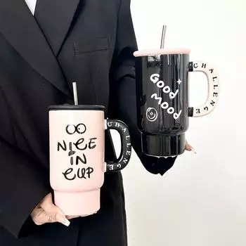 Large Capacity Straw Water Cup Thickened Ceramic Household 800ml Mug Couple Girls Office Coffee Cups Drinkware 800ml