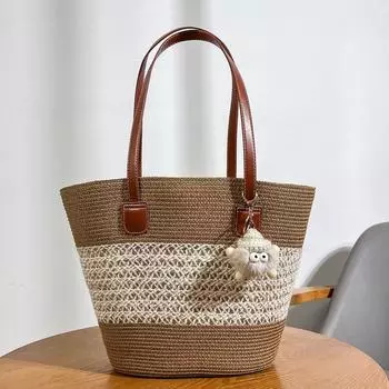 Large Capacity Straw Woven Bag Women s Summer Seaside Holiday Tote Bag Bucket Bag Woven Shoulder Bag Doll Beach Bag Khaki Cut Out