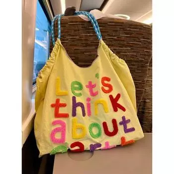 Large Capacity Tote Bag Female 2025 New Canvas Bag Minority Simple Letter Shoulder Bag Shopping Handbags Bag Yellow