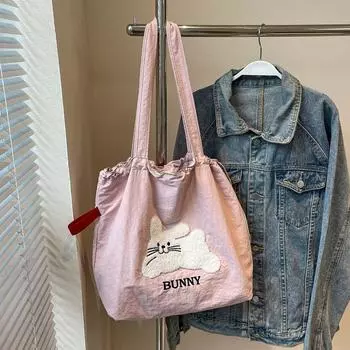 Large Capacity Tote Bag Female 2025 New Arrival Cute Lamb Canvas Bag Easiest for Match Student Class Commuter Shoulder Bag Pink Rabbit