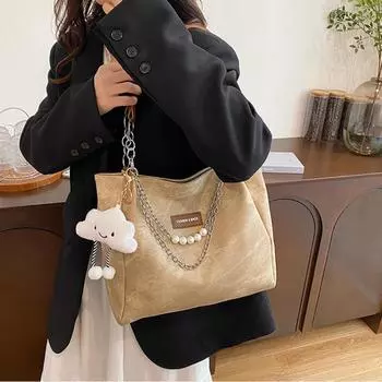 Large Capacity Tote Bag with Pendant Commute Shoulder Bag Fashion PU Leather Handbag Girls хаки