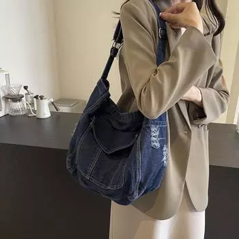 Большая вместительная сумка-тоут женская джинсовая сумка-мессенджер сумка через плечо темно-синий