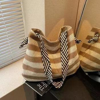 Large capacity tote bag women s new simple casual shoulder bag striped fashion shopping bag messenger bag хаки