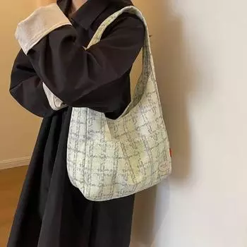 Сумка подмышку большой вместимости женская новая студенческая классная клетчатая холщовая сумка универсальная на плечо для поездок на работу сумка-тоут