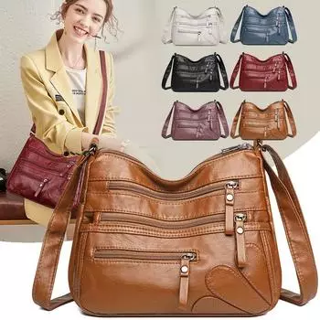 Large Capacity Women s Crossbody Bag Middle-Aged Mother s Bag Soft Leather Double-Layer Shoulder Bag светло-серый