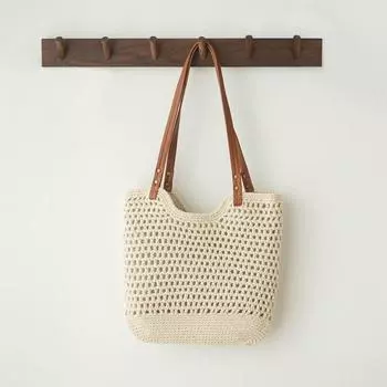 Large Capacity Woven Bag Girls High Quality Easiest for Match Shoulder Bag Seaside Beach Vacation Pure Color Cut Out Tote Bag Apricot [medium]]