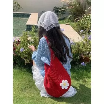 Large Capacity Woven Bag Summer Niche Design Red Hollow Straw Bag Beach Travel Shoulder Tote Bag Red