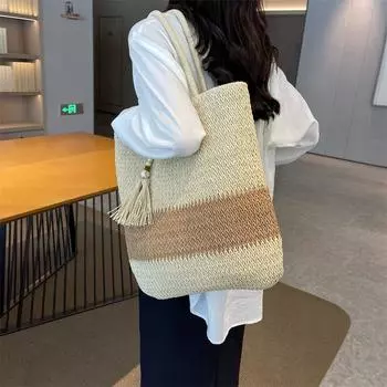Большая вместительная плетеная сумка женская 2024 новая повседневная простая сумка через плечо подмышку модная сумка-тоут для отдыха на море коричневый