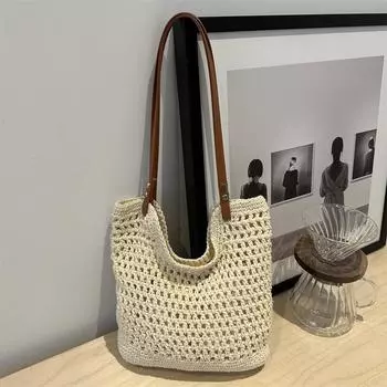 Large capacity woven bag women s 2025 new autumn seaside vacation beach bag underarm straw woven tote bag белый