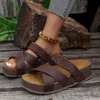Large Casual Sandals with Women s Flat Bottom and Thick Sole, Cross Shaped Sandals 35 темно-коричневого