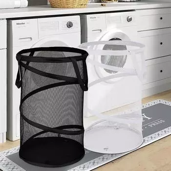 Large Cylindrical Mesh Laundry Basket - Fabric Foldable Toy and Clothes Storage чёрный