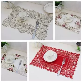 Large Embroidered Lace Fabric Placemat Non-Slip Bowl Pads Nordic Style Floral Tableware Tableware D