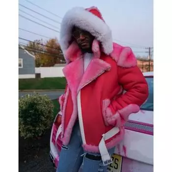 Large Fur Collar Hooded Belt Buckle Plus Velvet Thickened Men s Leather Jacket S розовый