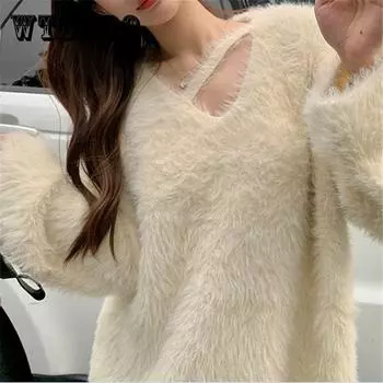 Large Hanging Neck Imitation Mink Fur Sweater for Women In Winter Loose and Thick Mink Fur Medium To Long Knitted Base Sweater One Size
