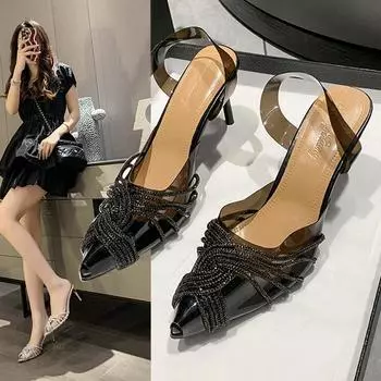 Большие полые сандалии женские летние 2024 новые туфли на высоком каблуке женские остроносые туфли Baotou со стразами прозрачные кристальные 35
