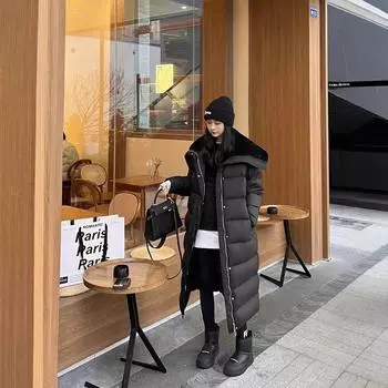 Large lapel lamb wool long down jacket women s 2024 winter fashion senior thickened loose knee white duck down jacket S